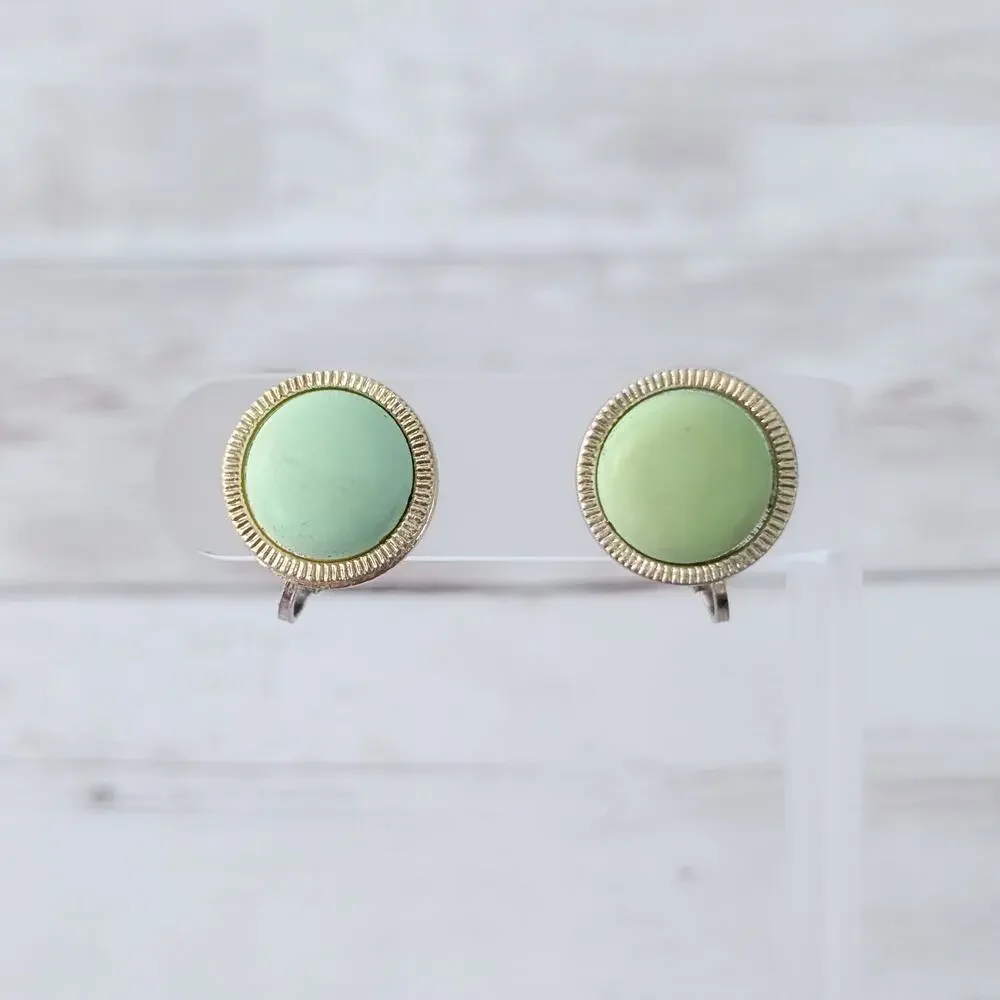 Vintage Clip On Earrings Mismatched Green with Gold Tone Halo